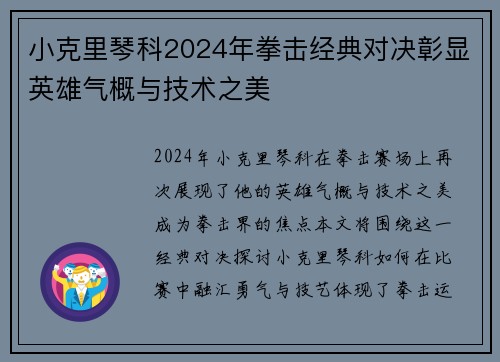 小克里琴科2024年拳击经典对决彰显英雄气概与技术之美